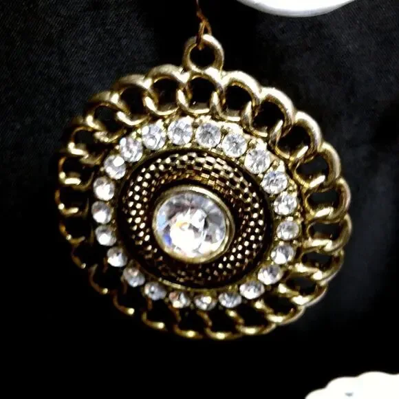 Vintage Clear Rhinestones Mesh Link Chain Round Drop Earrings, 2 Inches - Picture 4 of 8